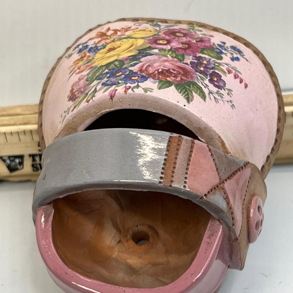 Vintage Holland Dutch Clog Shoe Ceramic Planter Pink Floral Wooden Shoe Pot - Picture 4 of 4